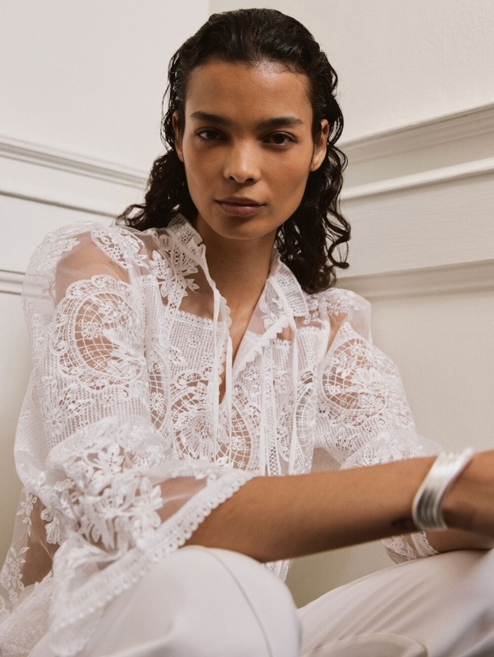 Reiss Demi Sheer Lace Tie-Neck Blouse in Ivory - Picture 2 of 16